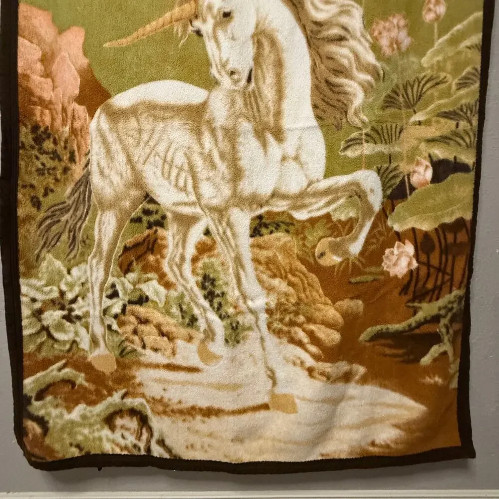 Vtg Revert Unicorn blanket - fleece plush green brown fairy whimsical mythical